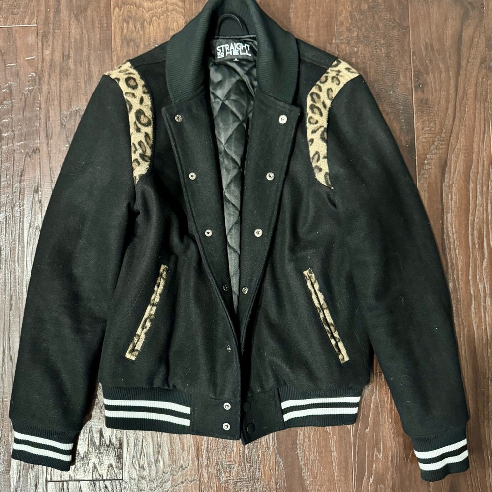Straight to Hell Ace Varsity Jacket Black and Leopard Trim Jacket